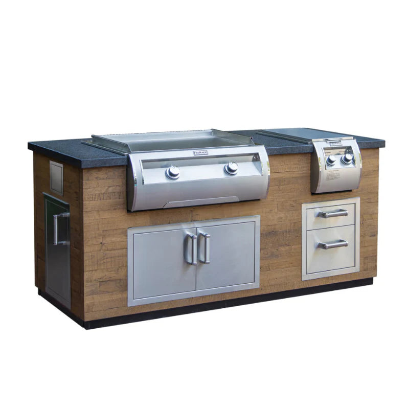 Fire Magic "Reclaimed Wood" 77 inch Island Bundle With French Barrel Oak Base and Polished Black Lava Counter