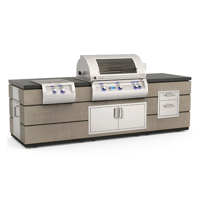 Fire Magic Contemporary 115 inch Pre-Fab Island Bundle With Smoke Base and Polished Black Lava Counter
