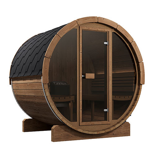 SaunaLife E7G outdoor barrel sauna with glass front