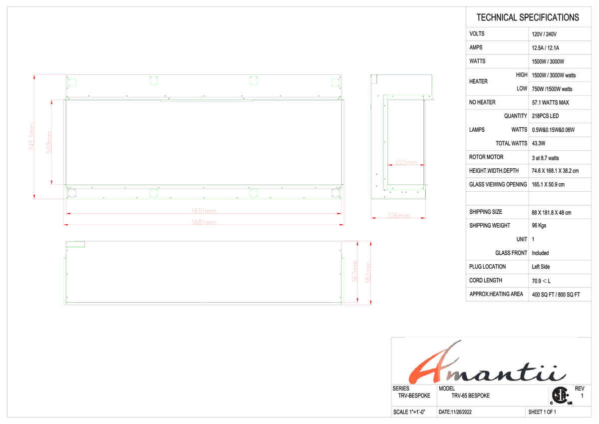 Amantii Tru View Bespoke 65 dimension and specification drawing
