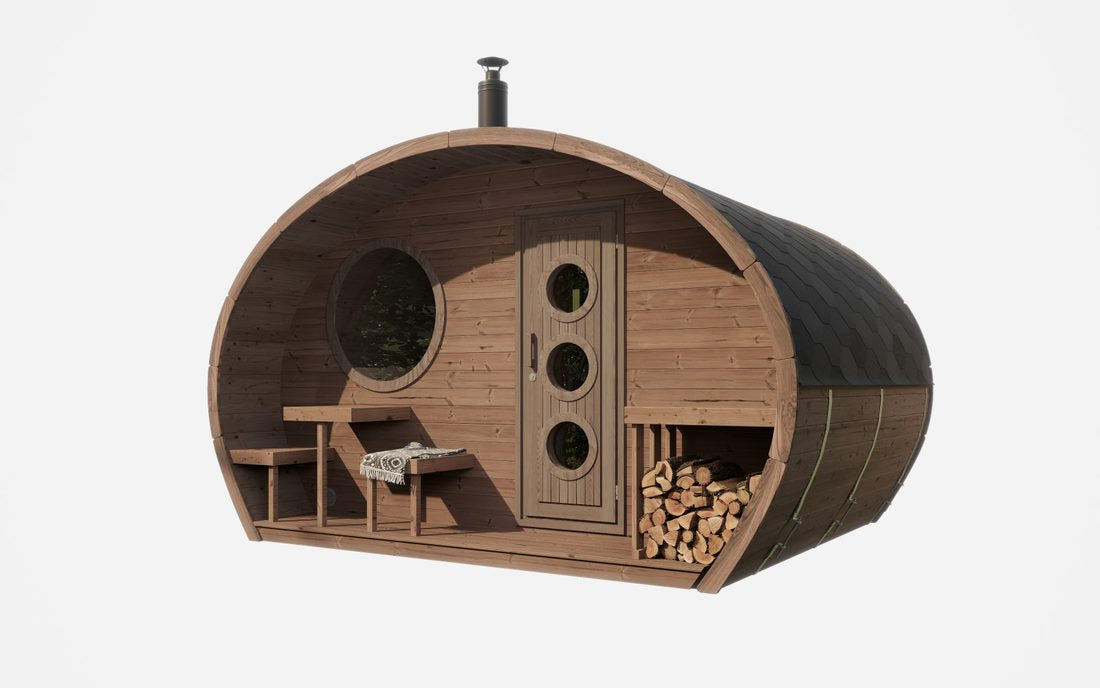 SaunaLife Model G11 outdoor sauna suite, front with terrace