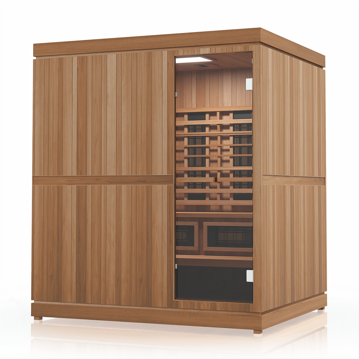 Finnmark FD-5 Trinity XL sauna, three-quarter angle with neutral lighting