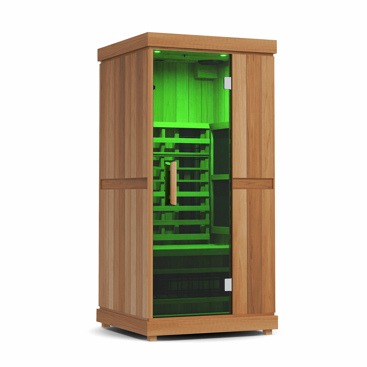 Finnmark FD-1 sauna interior with green LED color lighting