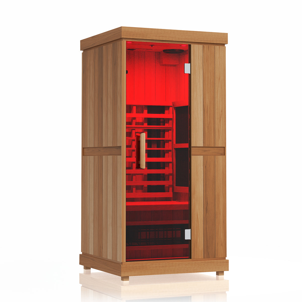 Finnmark FD-1 sauna interior with red LED color lighting