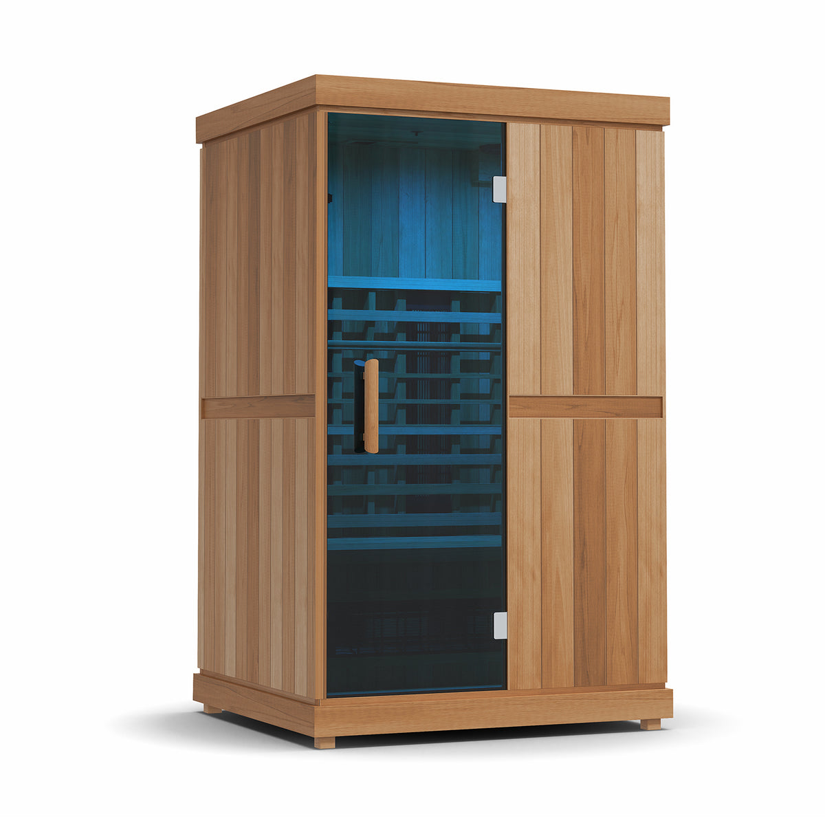 Finnmark FD-2 sauna interior with blue LED color lighting