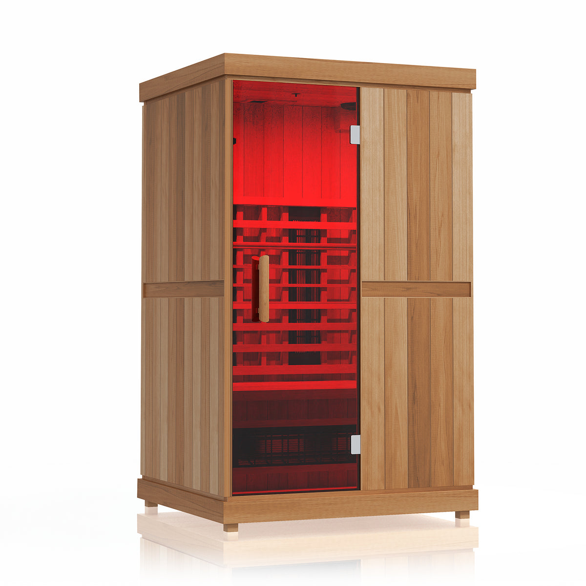 Finnmark FD-2 sauna interior with red LED color lighting