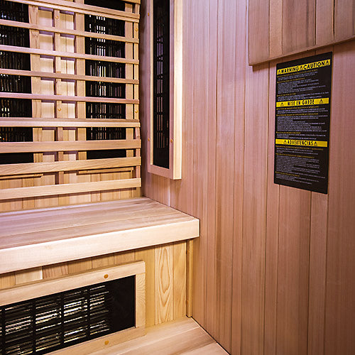 Interior of the Finnmark FD-4 Trinity sauna showing cedar benches