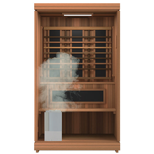 Finnmark FD-4 Trinity sauna interior with the traditional steam heater