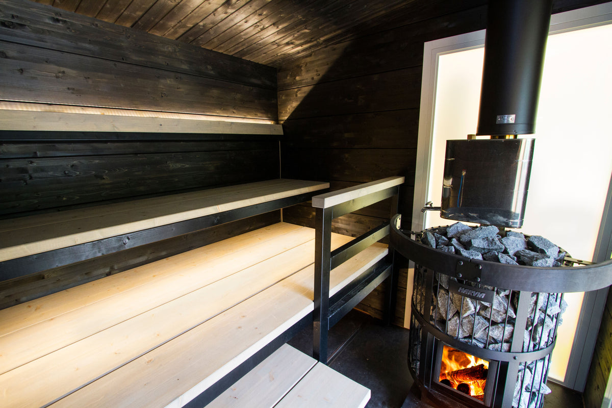 Harvia Legend wood-burning sauna heaters in a sauna interior