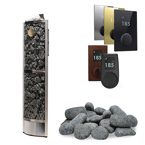 IKI Corner 6 kW Wi-Fi sauna heater package with round stones shown in five panel finishes