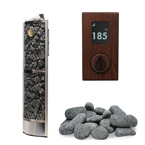 IKI Corner 6 kW heater, wood panel with round stones