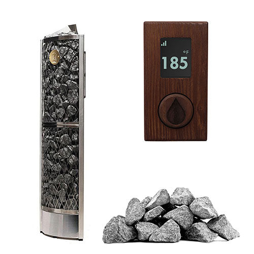 IKI Corner 6 kW heater, wood panel with split-face stones
