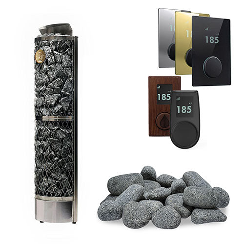IKI Wall 6 kW Wi-Fi sauna heater package with round stones shown in five panel finishes