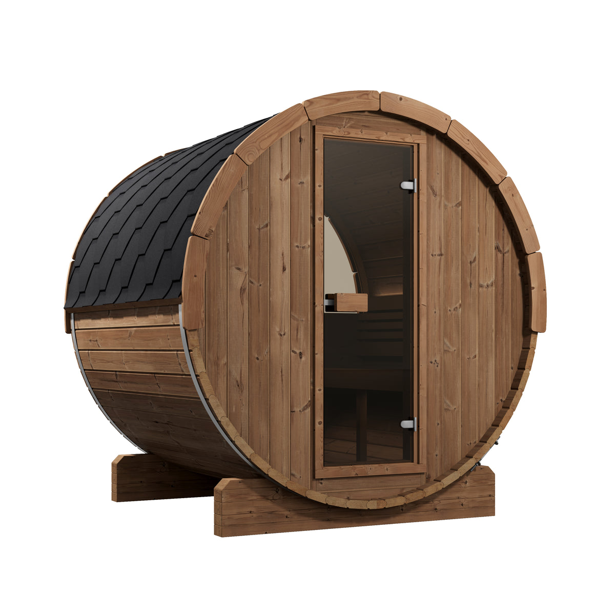 SaunaLife Model E7W barrel sauna, three-quarter front view with glass door