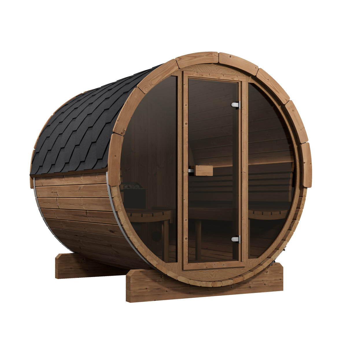 SaunaLife Model E8G outdoor barrel sauna, three-quarter front angle view showing shingled roof