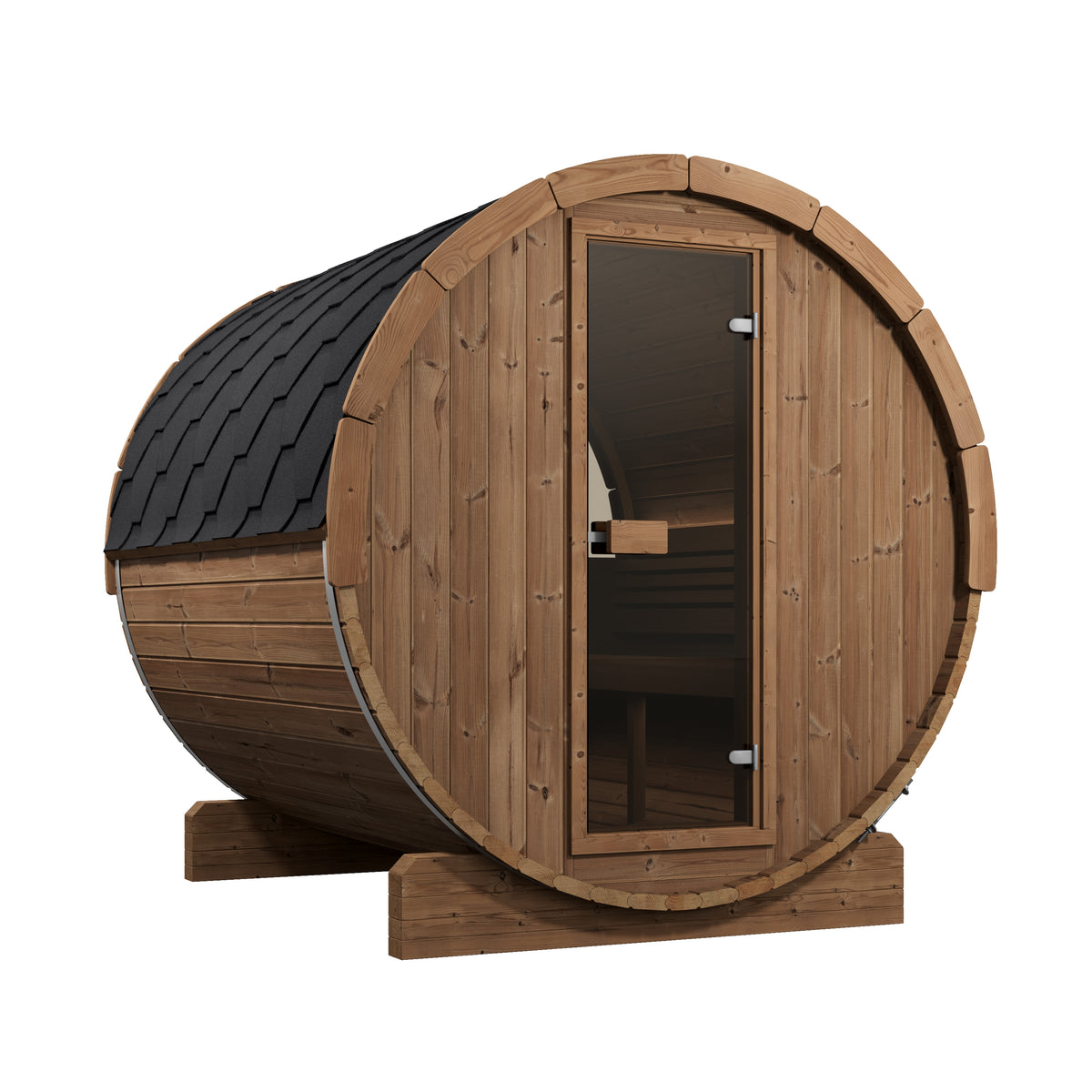 SaunaLife Model E8W outdoor barrel sauna, three-quarter angle view