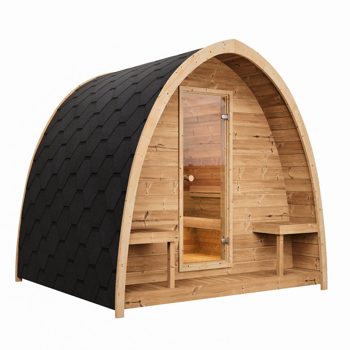 SaunaLife Model G3 outdoor home sauna kit, three-quarter exterior view
