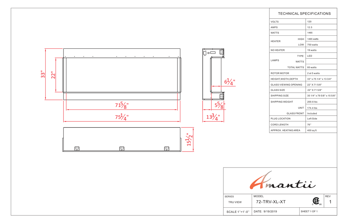 Amantii Tru View XT 72 dimension and specification drawing