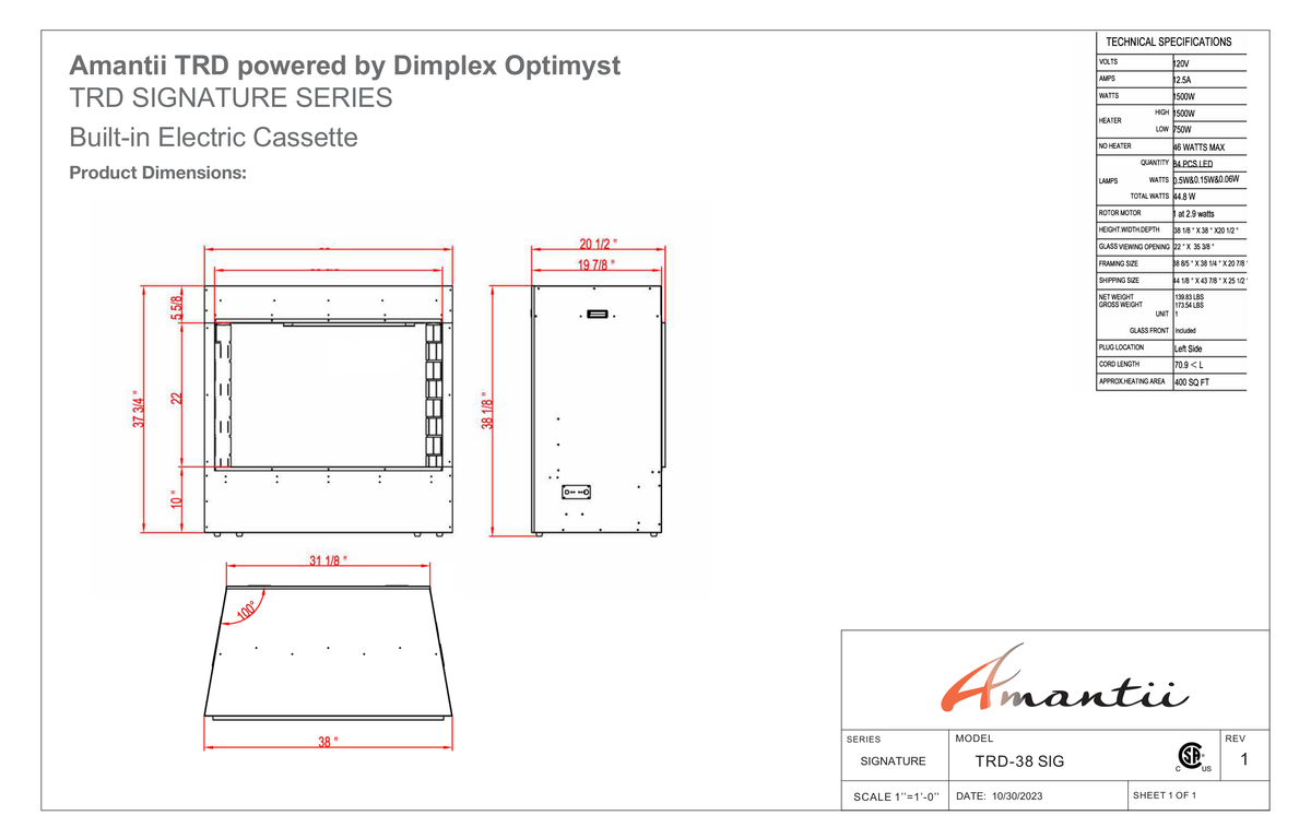 Amantii Signature 38 dimension and specification drawing