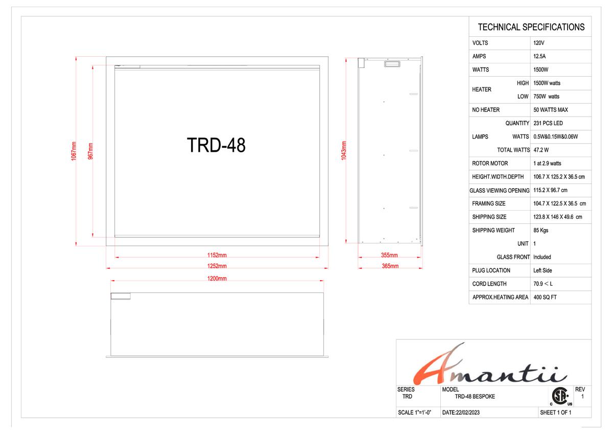 Amantii Traditional Bespoke 48 dimension and specification drawing