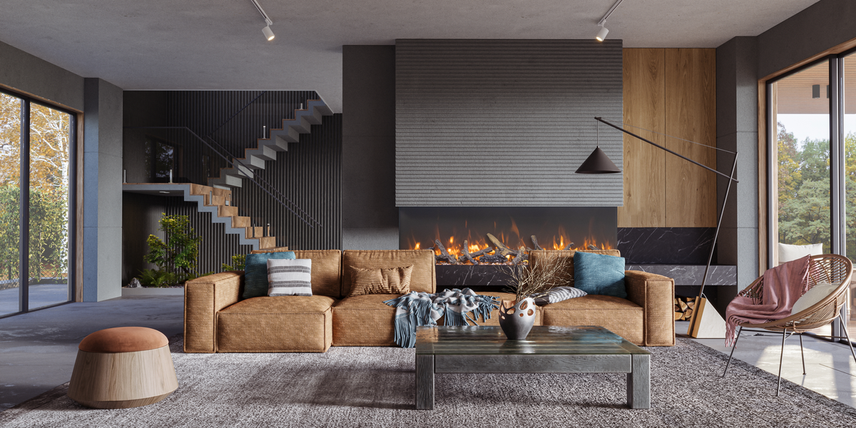 Amantii Tru View Bespoke 65-inch 3-sided electric fireplace, front view