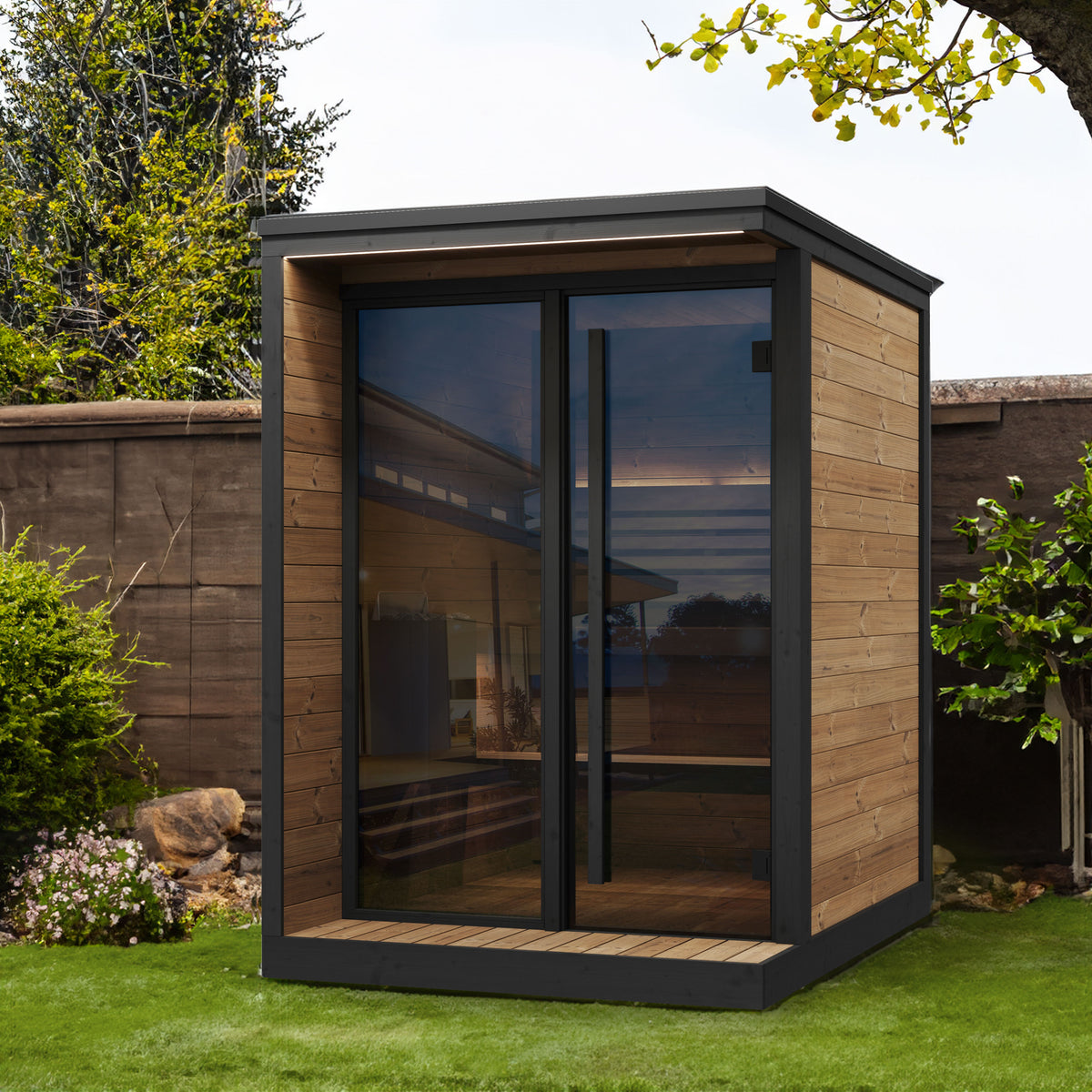 SaunaLife GL4 cabin sauna in a garden