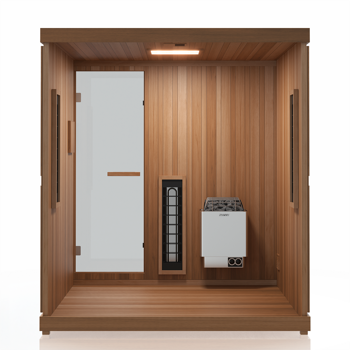 Finnmark FD-5 Trinity XL sauna interior showing infrared panels, traditional heater, and control