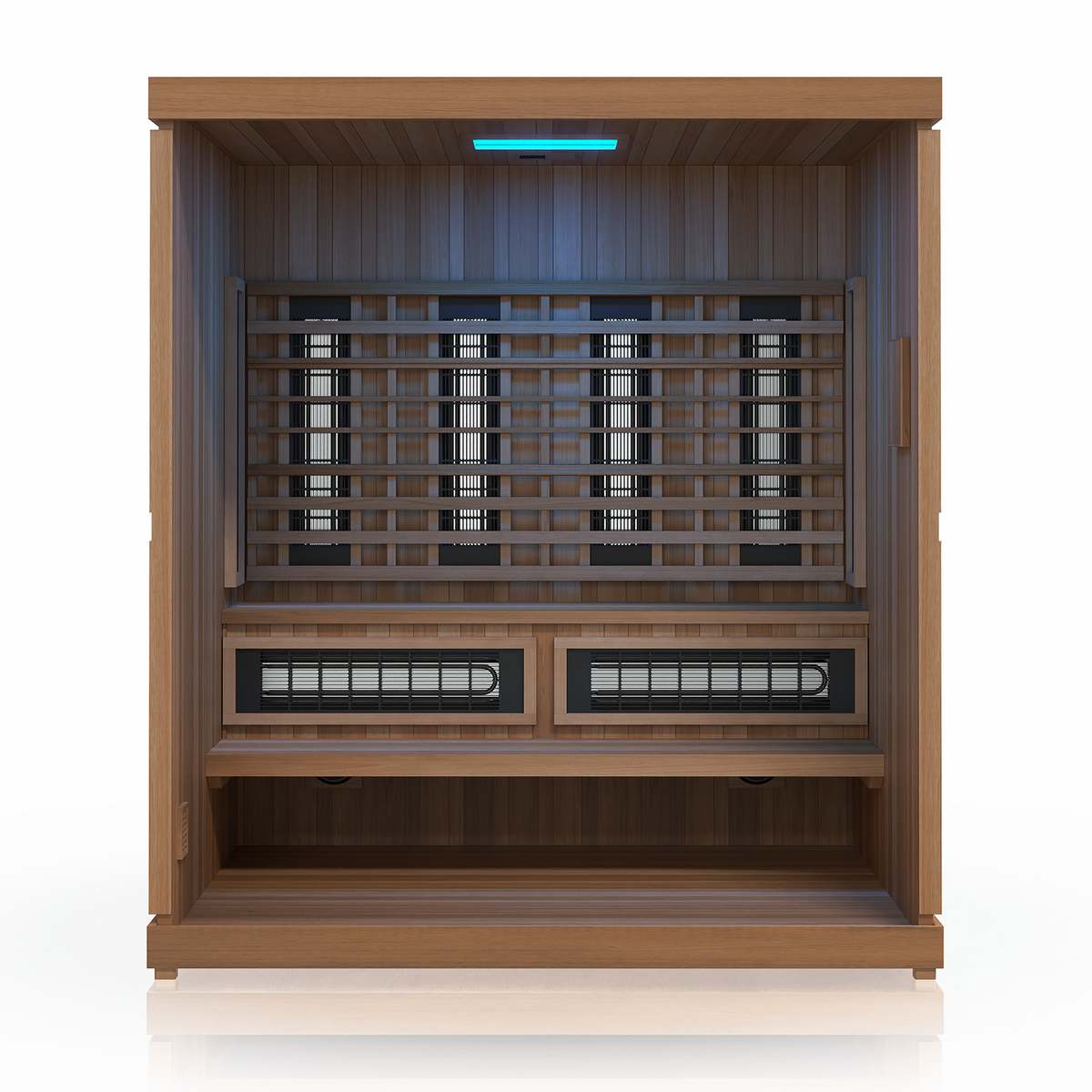 Finnmark FD-5 Trinity XL sauna interior with blue multi-color LED lighting