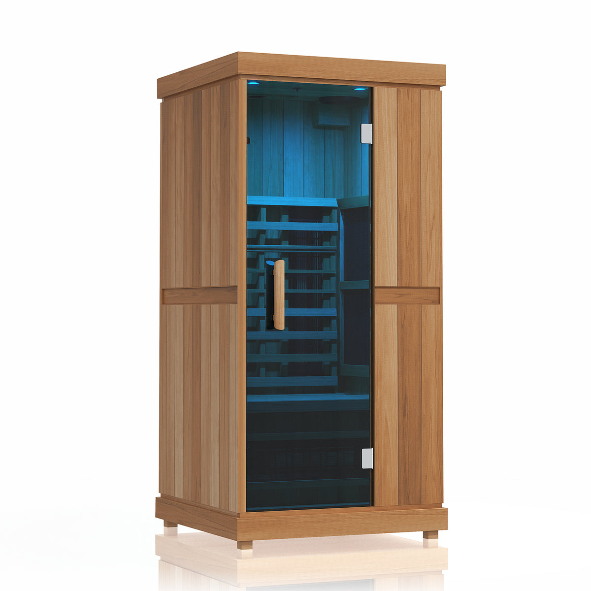 Finnmark FD-1 sauna interior with blue LED color lighting