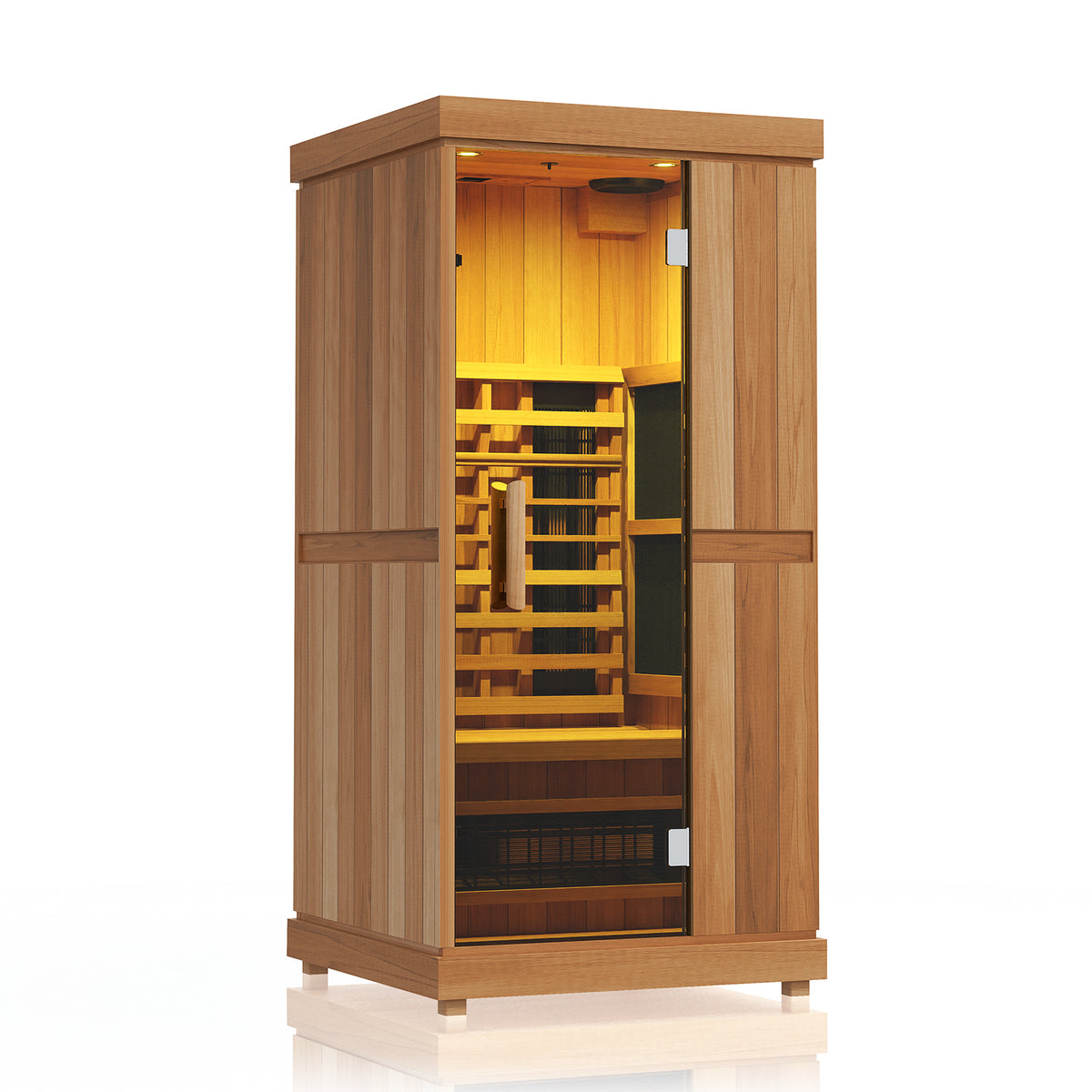Finnmark FD-1 sauna interior with yellow LED color lighting