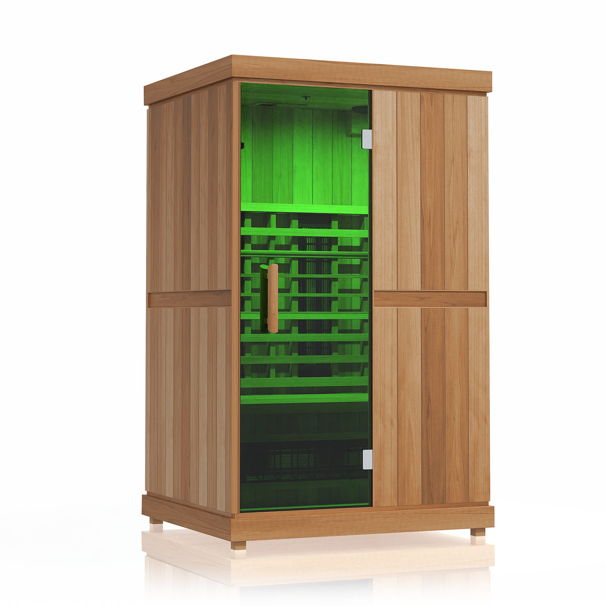 Finnmark FD-2 sauna interior with green LED color lighting