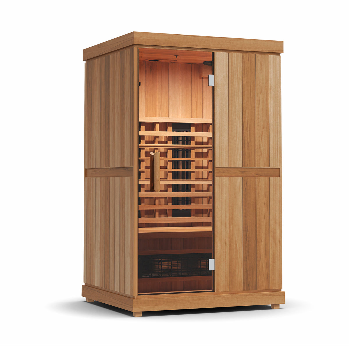 Finnmark FD-2 sauna interior with white LED color lighting
