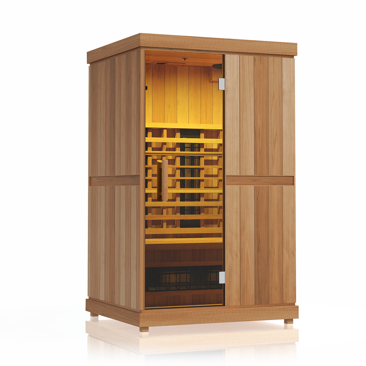Finnmark FD-2 sauna interior with yellow LED color lighting