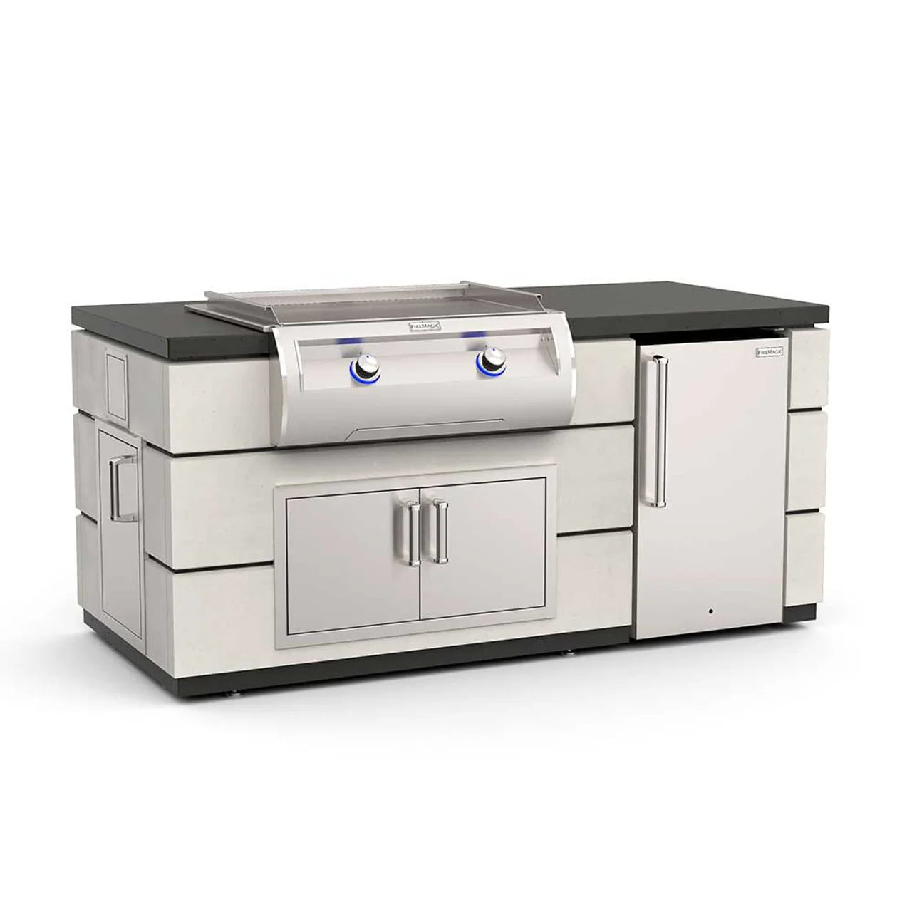 Fire Magic Contemporary 77 inch Pre-Fab Island Bundle With White Aspen Base Finish and Polished Black Lava Counter