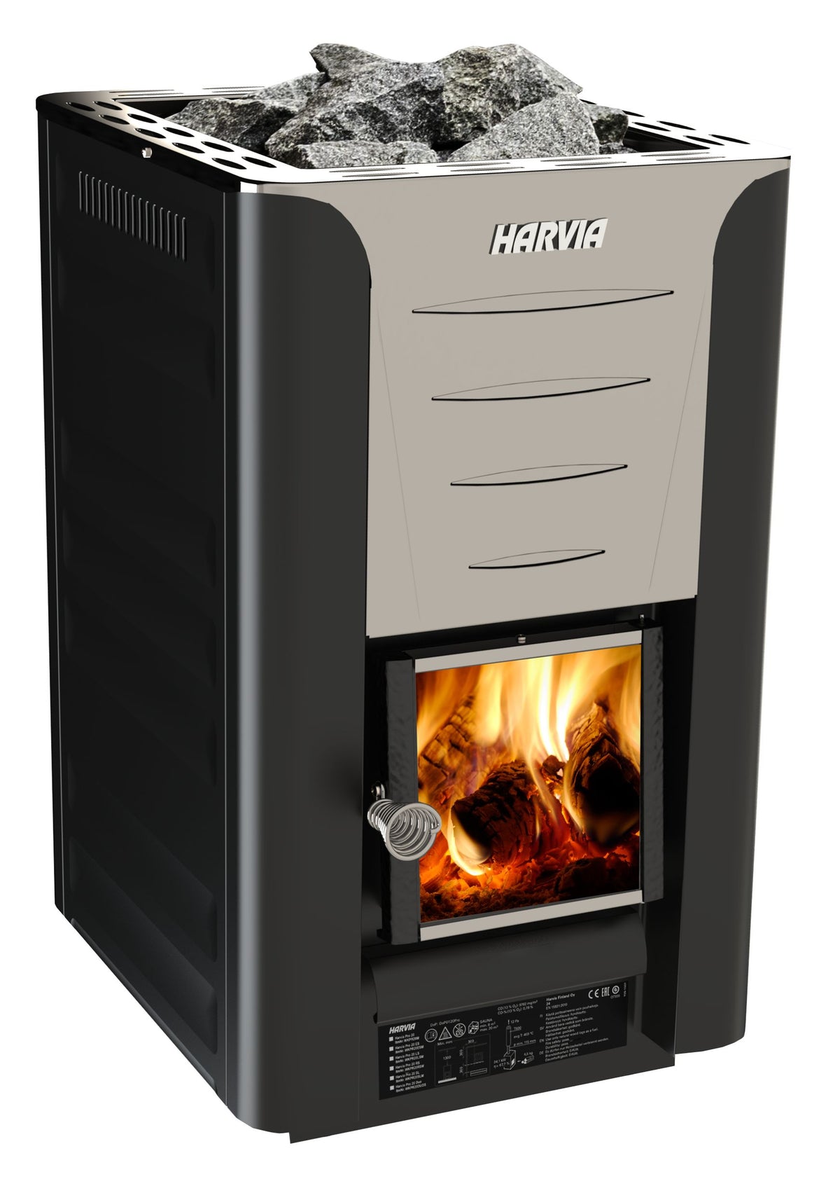 Harvia Pro 20 black wood-burning sauna heater, front view