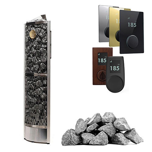 IKI Corner 6 kW Wi-Fi sauna heater package with split-face stones