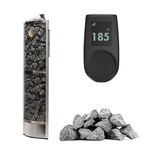 IKI Corner 6 kW heater, black panel with split-face stones