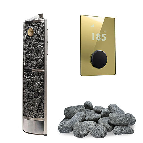 IKI Corner 6 kW heater, gold panel with round stones