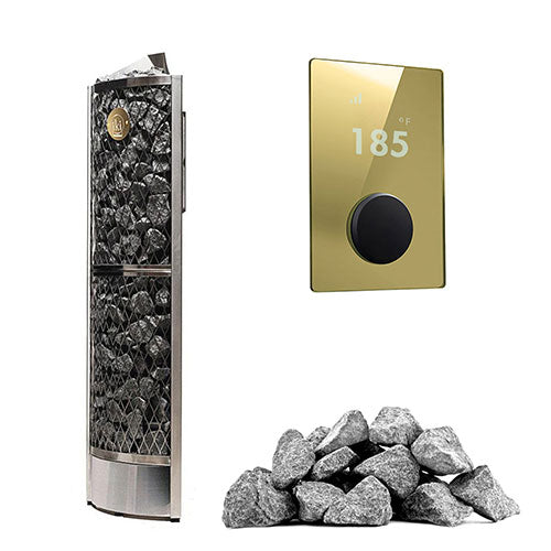 IKI Corner 6 kW heater, gold panel with split-face stones