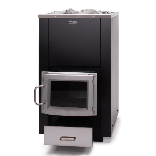 Narvi 30 wood-burning sauna heater, side angle view