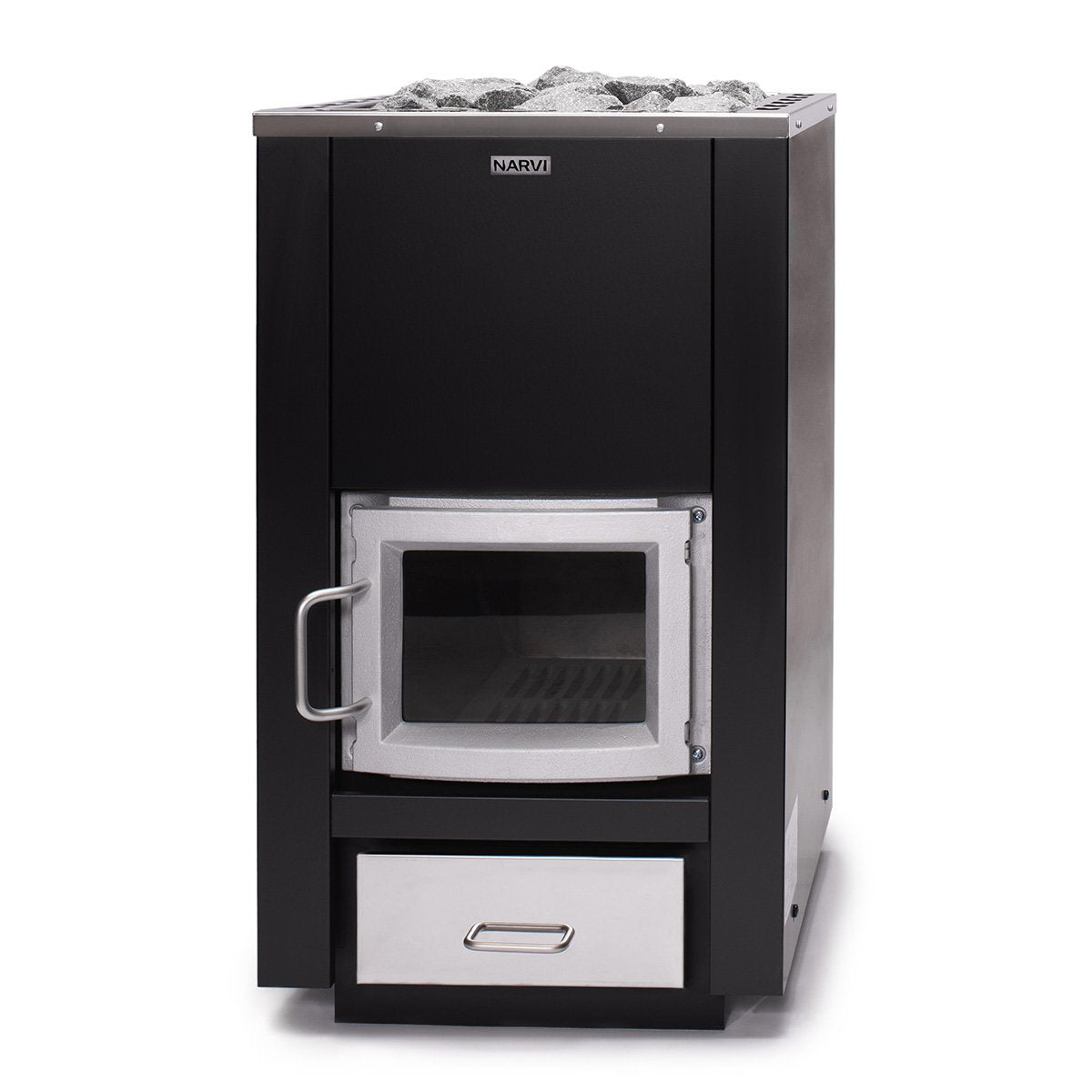 Narvi 30 wood-burning sauna heater, front view with glass door