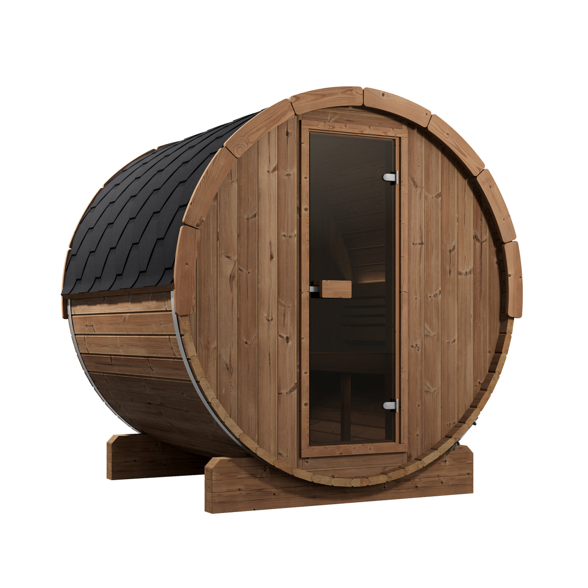 SaunaLife Model E7 outdoor barrel sauna, straight-on front view